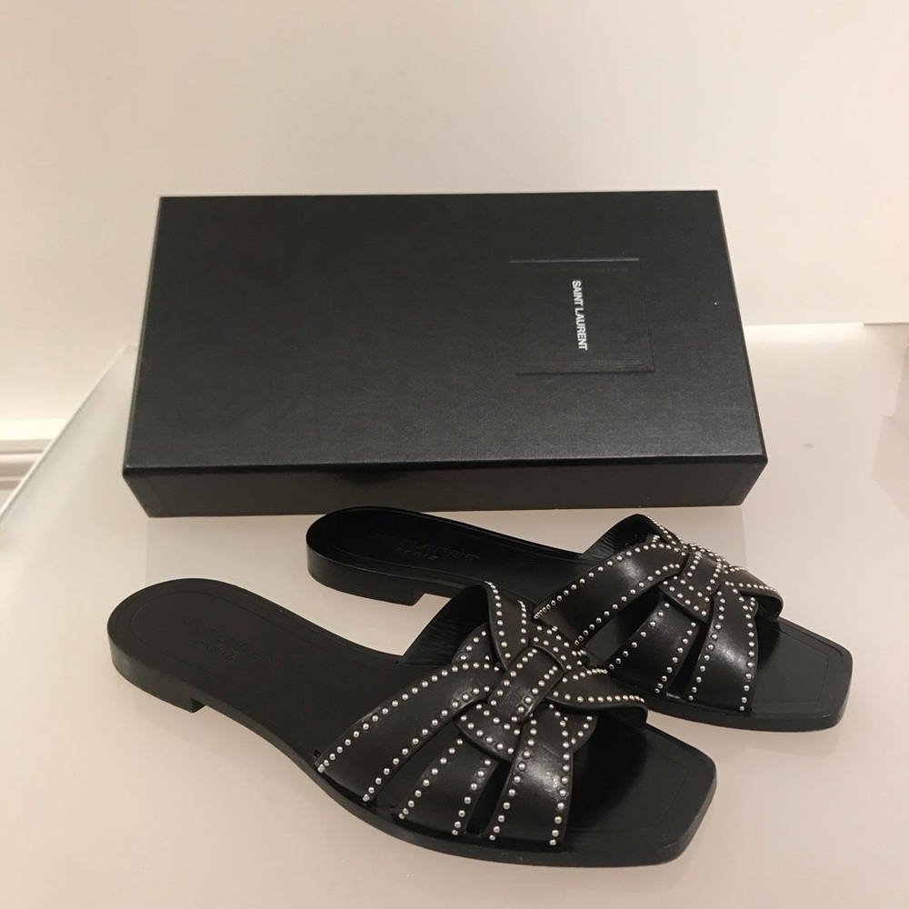 Saint Laurent Woven Leather Slides with Studs
